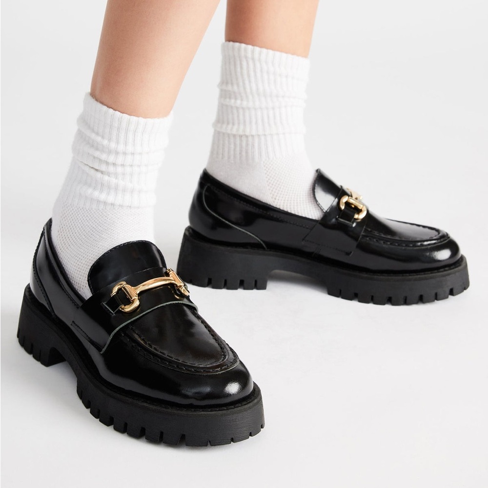 Steve Madden Black Loafers with Gold Detail